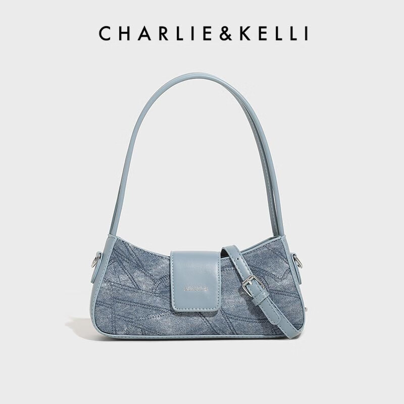 CHARLIE&KELLI CK品牌包包女包2024新款送女友生日礼物牛仔布法棍腋下包斜挎 蓝色