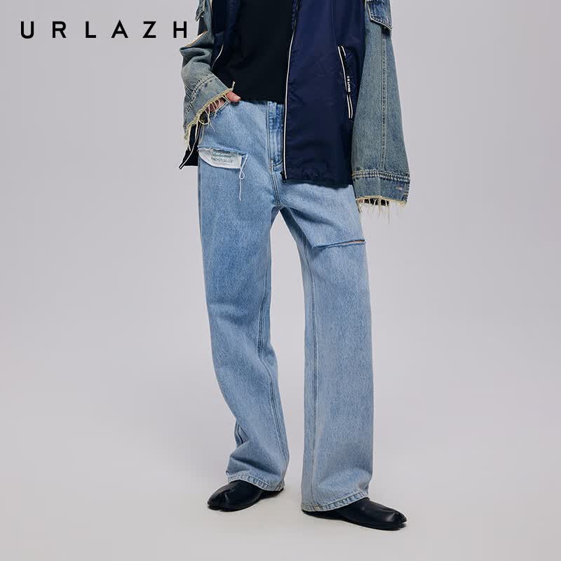 URLAZH有兰秋季新款复古高腰廓形直筒设计感潮感破洞休闲牛仔裤女 蟹青 XS