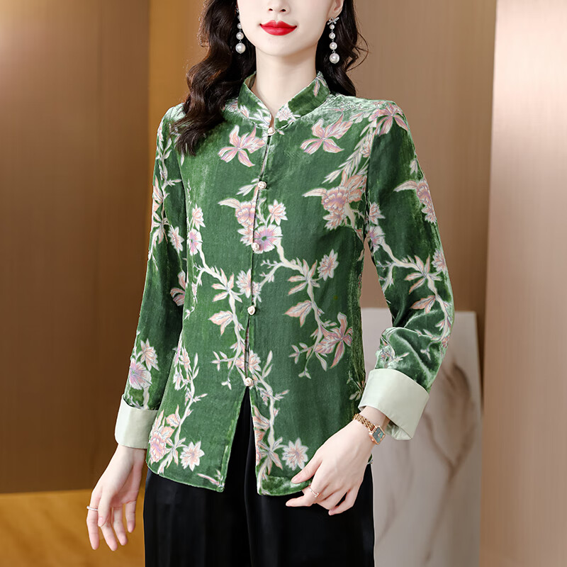 圣曼芬真丝中式唐装上衣女新中式盘扣女秋装新款贵夫人妈妈真丝绒外套