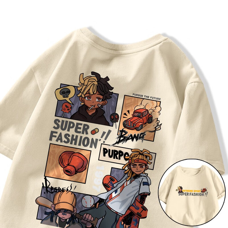 NASA MARVEL港风T恤男夏季纯棉男士半袖体恤男生潮牌衣服男款短袖 浅米 XL