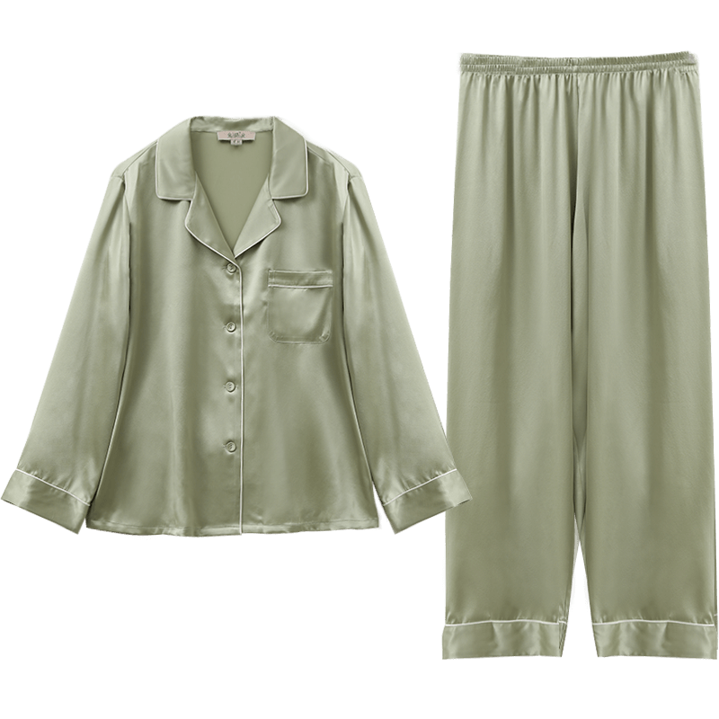 金三塔真絲睡衣女100%桑蠶絲可外穿涼感養膚兩件套居家服禮物 [涼感]19姆米牛油果綠 L