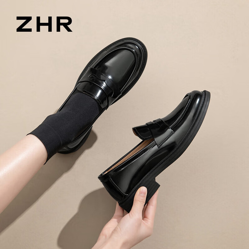 ZHR乐福鞋女学院风休闲小皮鞋女复古圆头百搭女鞋 AH393 黑色 38 