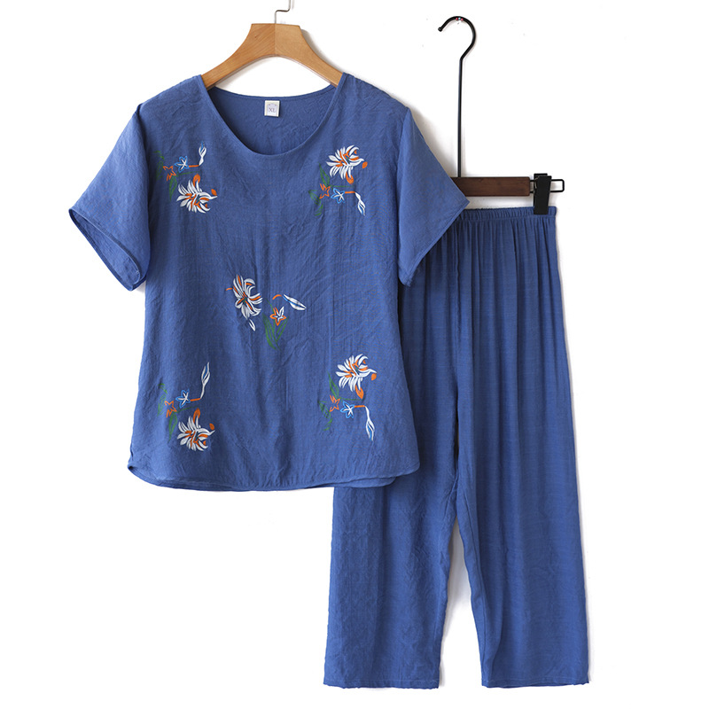 品彩 奶奶棉麻上衣居家夏款短袖T恤宽松妈妈套装两件套中老年女装 『蓝色』 XL