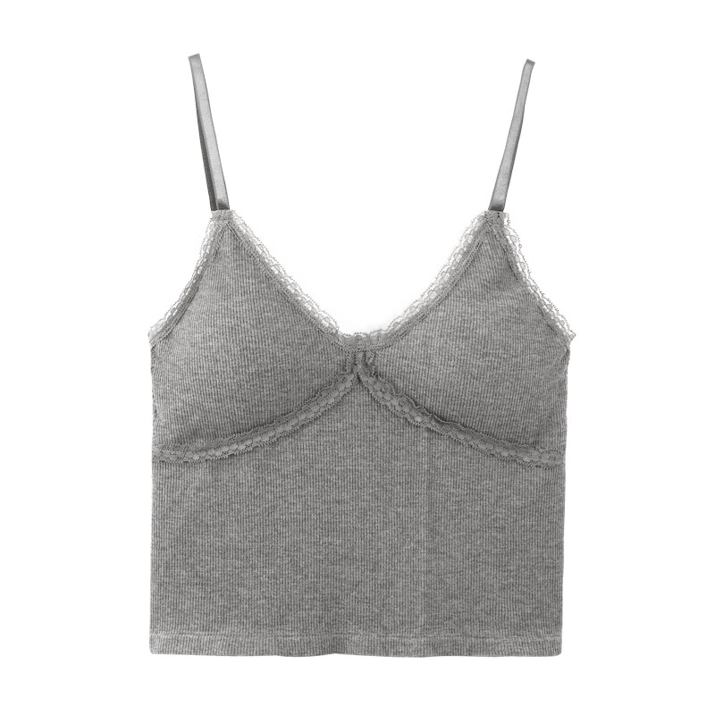 路麦恩灰色蕾丝小吊带背心女美式黑色甜辣内搭带胸垫白色打底衫欲上衣