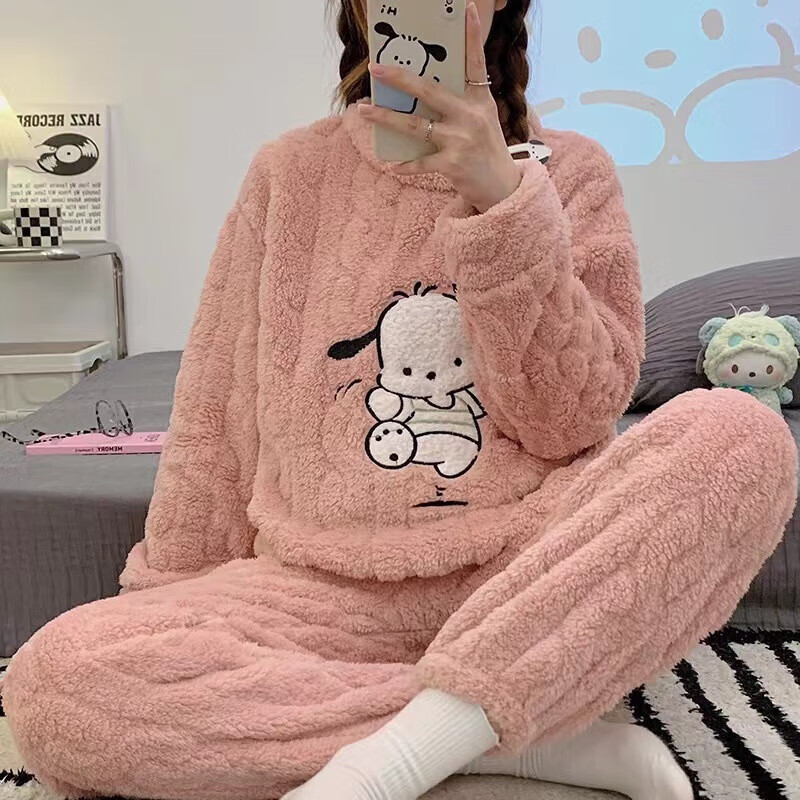 有只绵家居服女卡通印花珊瑚绒套装秋冬宽松束脚懒人睡衣两件套 小狗提花-蓝色 均码 【适合90-140斤】