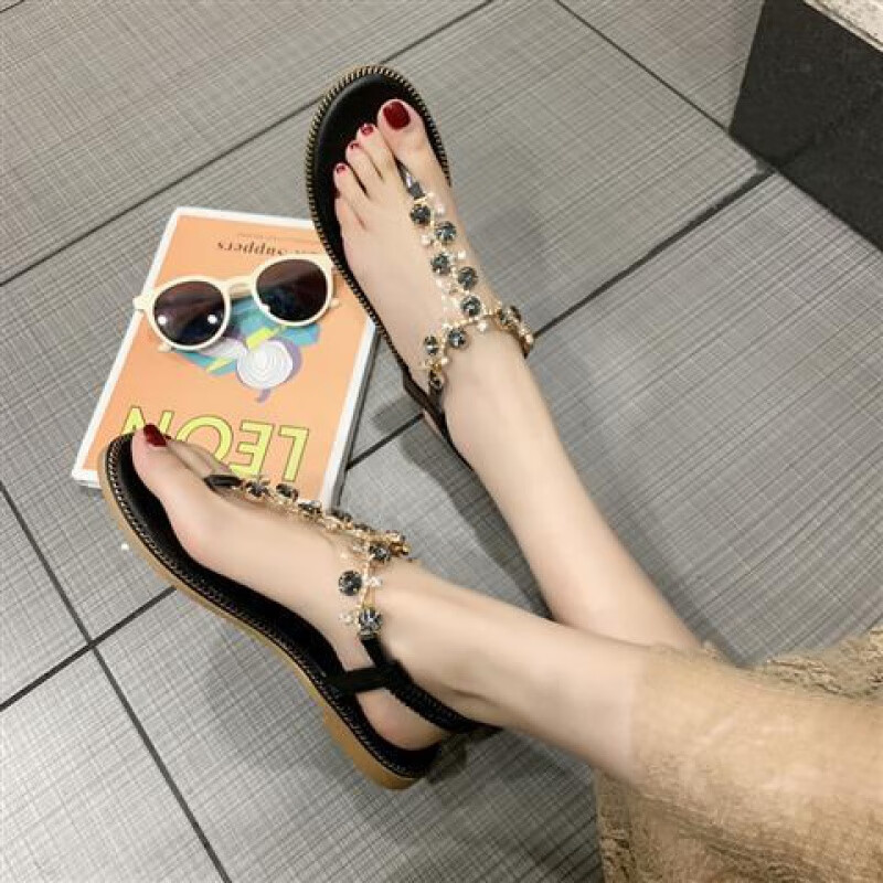 贤语夹脚凉鞋女新款百搭韩版平底夹趾凉鞋女时尚亮钻沙滩鞋女 黑色 35
