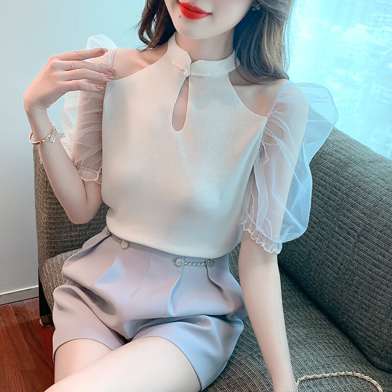 圣派性感辣妹露锁骨挂脖子上衣短袖冰丝t恤女夏季2023年新款洋气漂亮
