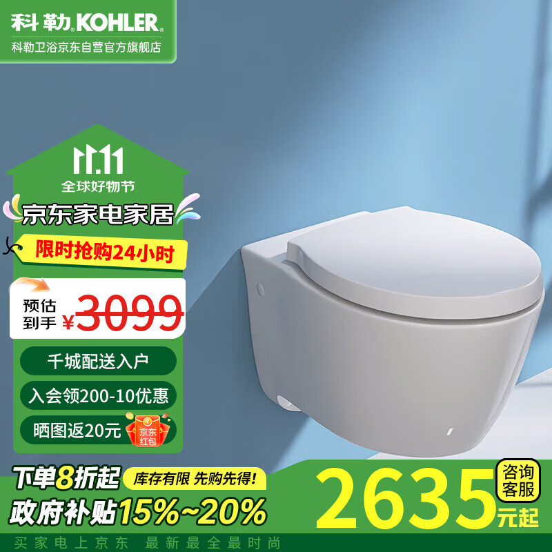 科勒（KOHLER）家用壁挂式马桶挂墙坐便器水箱嵌入式墙排直冲悬挂式马桶 K-25255