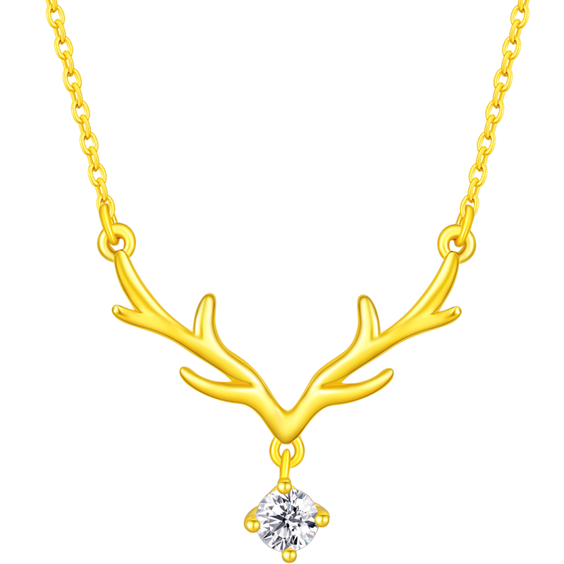 中國(guó)黃金（CHINA GOLD）足金黃金鹿角吊墜女款一路有你黃金項(xiàng)鏈紀(jì)念生日禮物送女友老婆 情人節(jié)禮盒+足金項(xiàng)鏈 【京速達(dá)】約1.9g