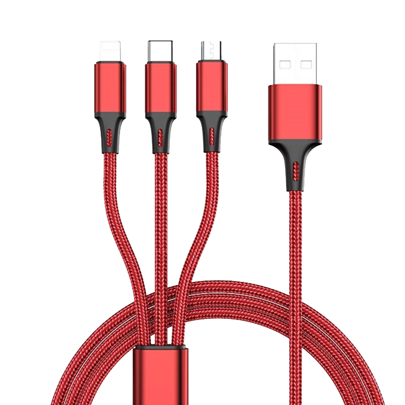 电引力（DINEINLY）三合一苹果Type-c安卓手机数据线三头充电器线1米 1拖3红色