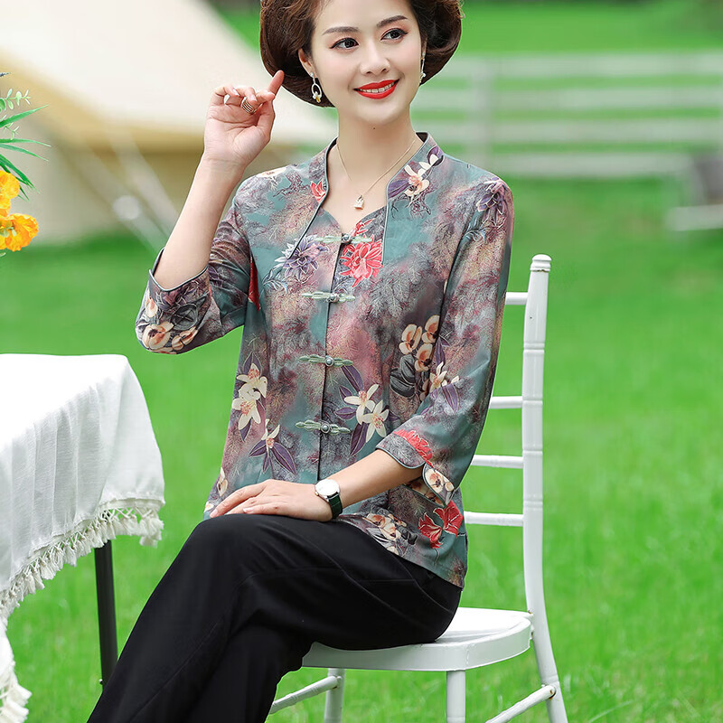 璇醇中老年妈妈衬衫夏天穿真丝桑蚕丝上衣女洋气衣服两件套装 绿色 l