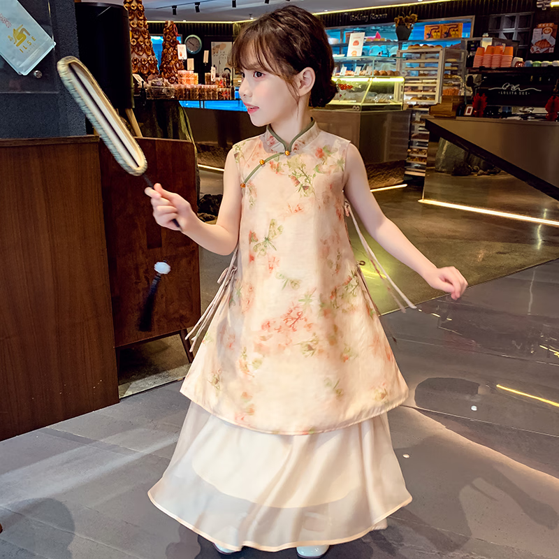 酷樂羊女童漢服連衣裙新中式兒童旗袍公主裙夏裝2025新款女孩超仙背心裙 圖片色 160