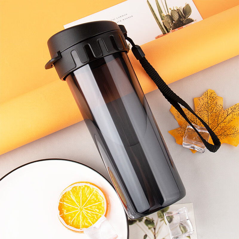 特百惠(tupperware) 水杯茶韵随心杯运动塑料杯带杯绳茶隔 酷炫黑 380