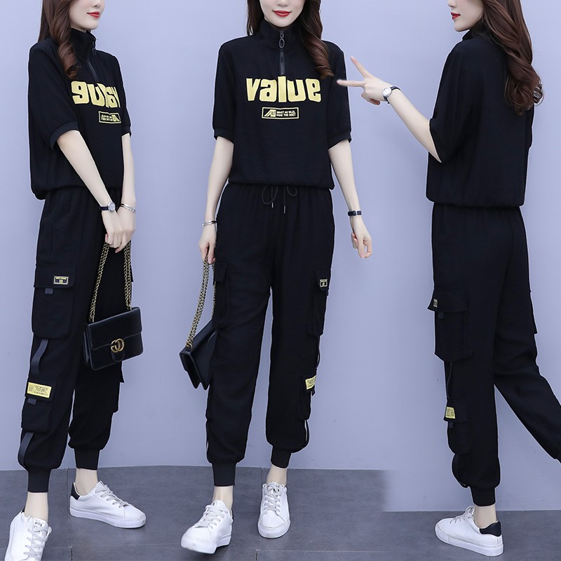 品汇菲2022夏季新款胖妹妹加大码工装束脚裤女 短袖t恤上衣两件套胖人