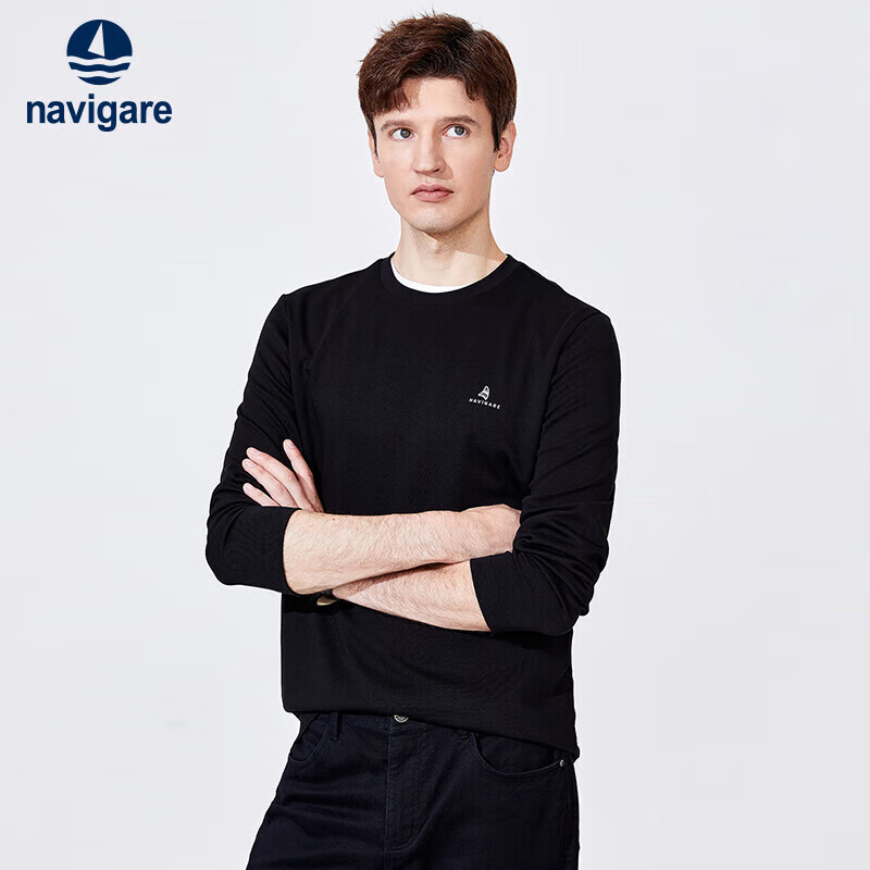 Navigare意大利小帆船长袖T恤秋季打底衫圆领套头上衣1335002021 黑  XL 