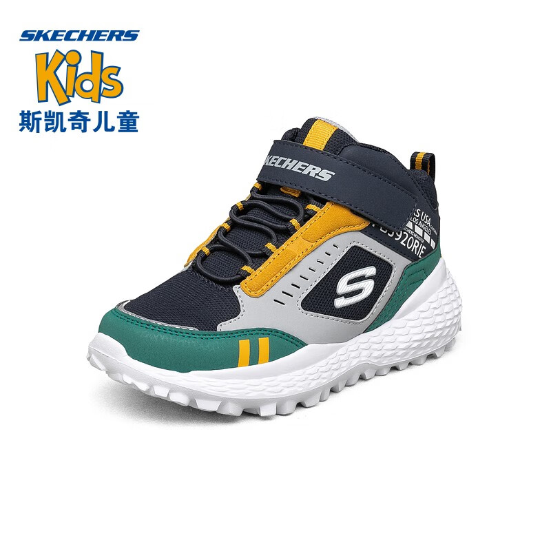 Skechers斯凯奇童鞋潮酷新款男童撞色拼接跑步鞋魔术贴儿童休闲运动鞋660083L 海军蓝色/绿色/NVGR 33.5 21cm