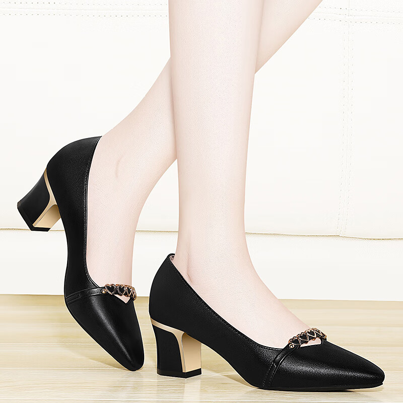 夏季中高跟船鞋女粗跟尖头浅口透气小皮鞋女单鞋一脚蹬工作上班鞋