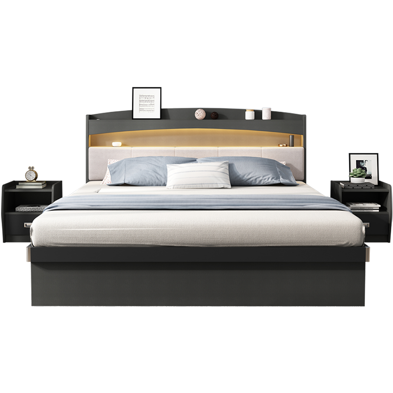 臻享家 床 现代简约双人储物床高箱床主卧婚床卧室家具 1500*2000【布纹灰色】 储物床+22CM【弹簧椰棕床垫】