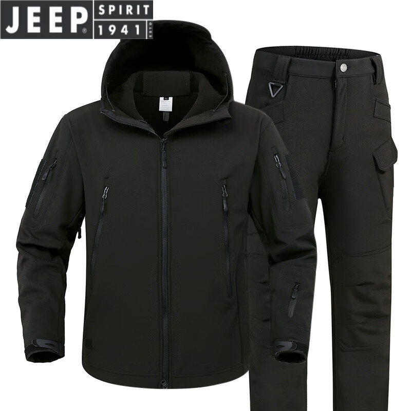 吉普（JEEP）輕奢鯊魚皮軟殼沖鋒衣褲套裝兩件套冬季戶外保暖迷彩登山套服加厚 黑色 M/合適體重120-140
