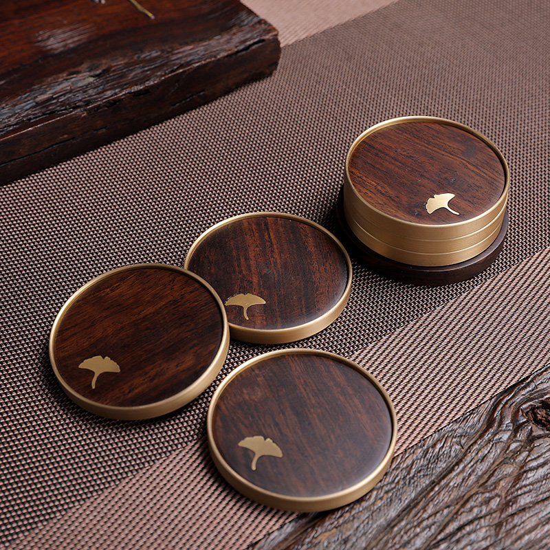 石福记茶杯茶托黑檀实木铜木结合茶道配件 铜木杯垫（一组6个）