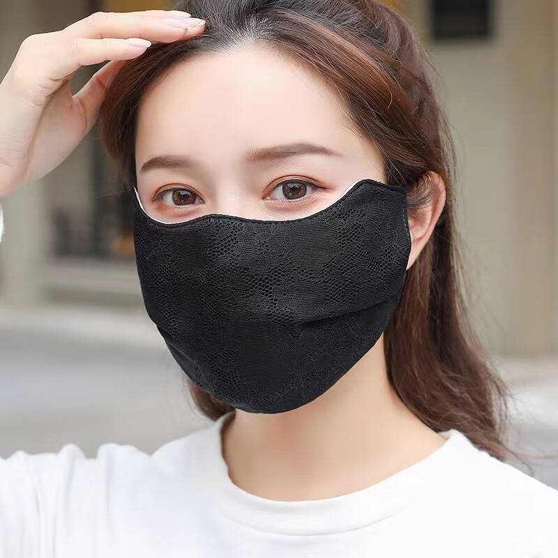 口罩布料防晒蕾丝女夏季户外骑行遮阳洋气口罩时尚女神面罩脸 黑色