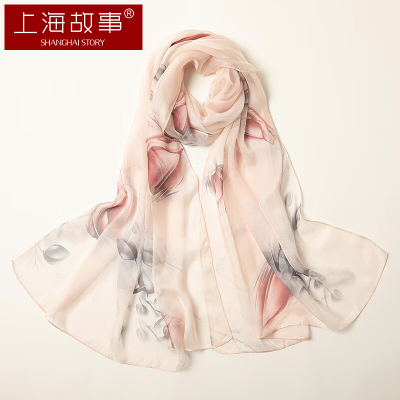 上海故事真丝丝巾女士100%桑蚕丝雪纺纱巾披肩送妈妈围巾礼盒装 玫瑰粉
