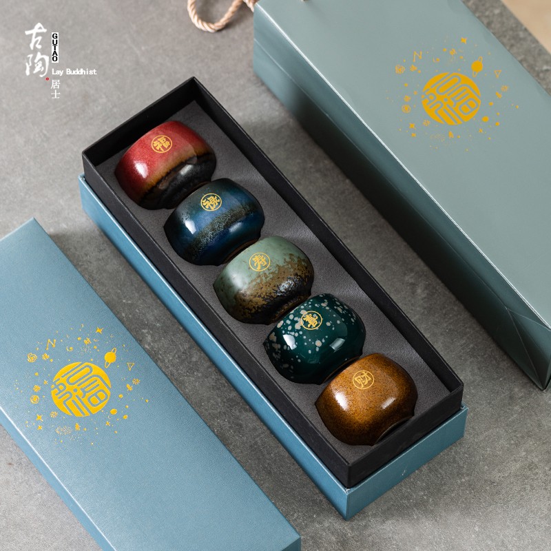古石尊品茗杯套装陶瓷功夫茶杯五福临门杯子中式复古窑变主人杯5杯礼品五福临门5杯套装