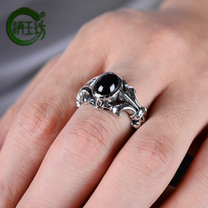 银饰品复古泰银黑玛瑙十字军花银戒指男士指环时尚 15号(内周长55mm)