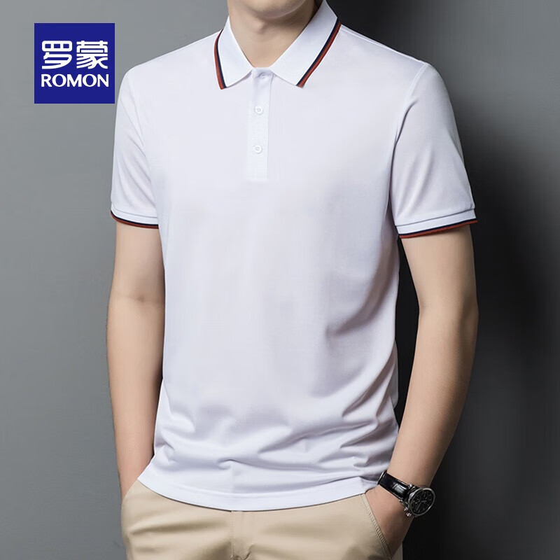 罗蒙（ROMON）翻领短袖t恤男夏季新款中青年商务休闲百搭男士上衣 白色 XL (180) (建议135-150斤)