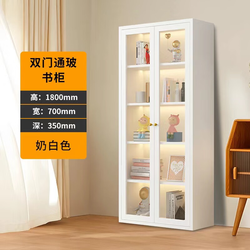 书柜书架落地家用客厅轻奢带玻璃门防尘储物柜手办展示柜 白色对开门