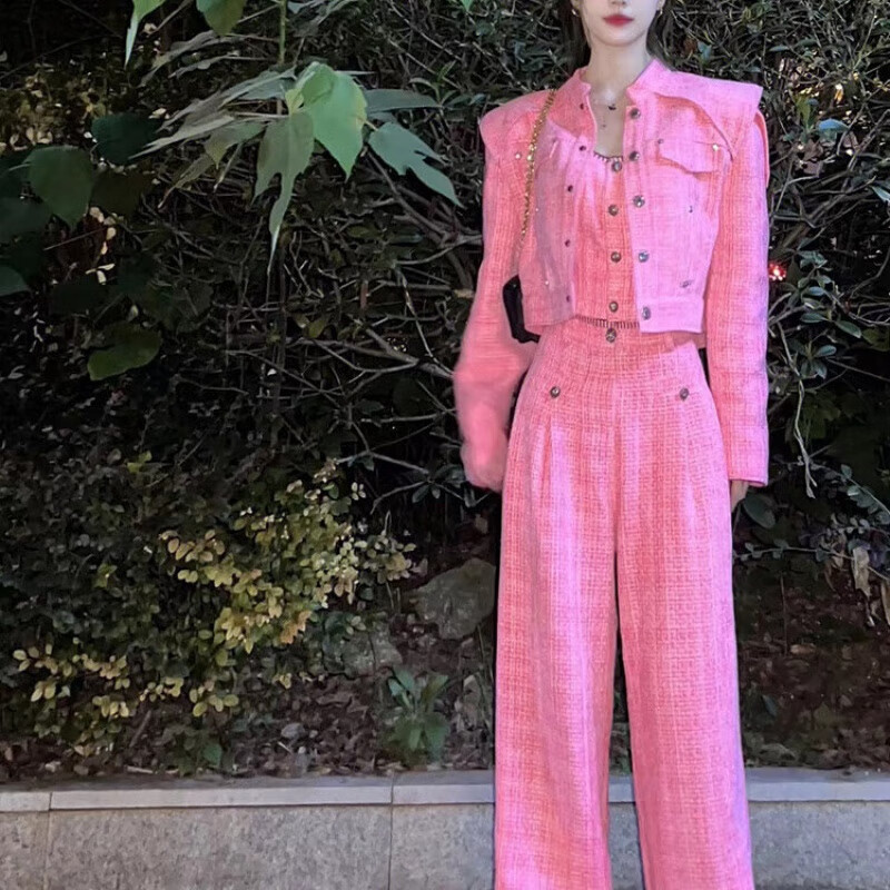 蓝骏启春秋季2023小香风套装女感小洋装减龄粉色外套裤子三件套 玫