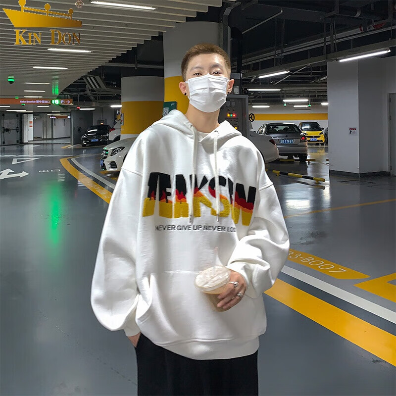 高街复古连帽大码卫衣男火焰字母上衣秋季外套潮流百搭上衣 白色 m