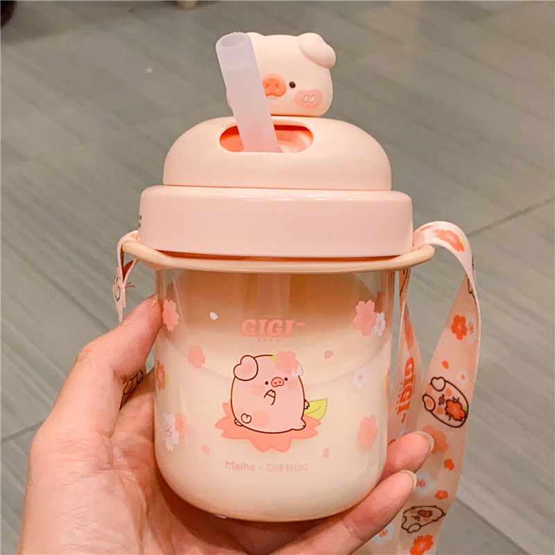 可爱高颜值网红款儿童女学生小容量上学防摔塑料杯 粉色花花猪/300ml
