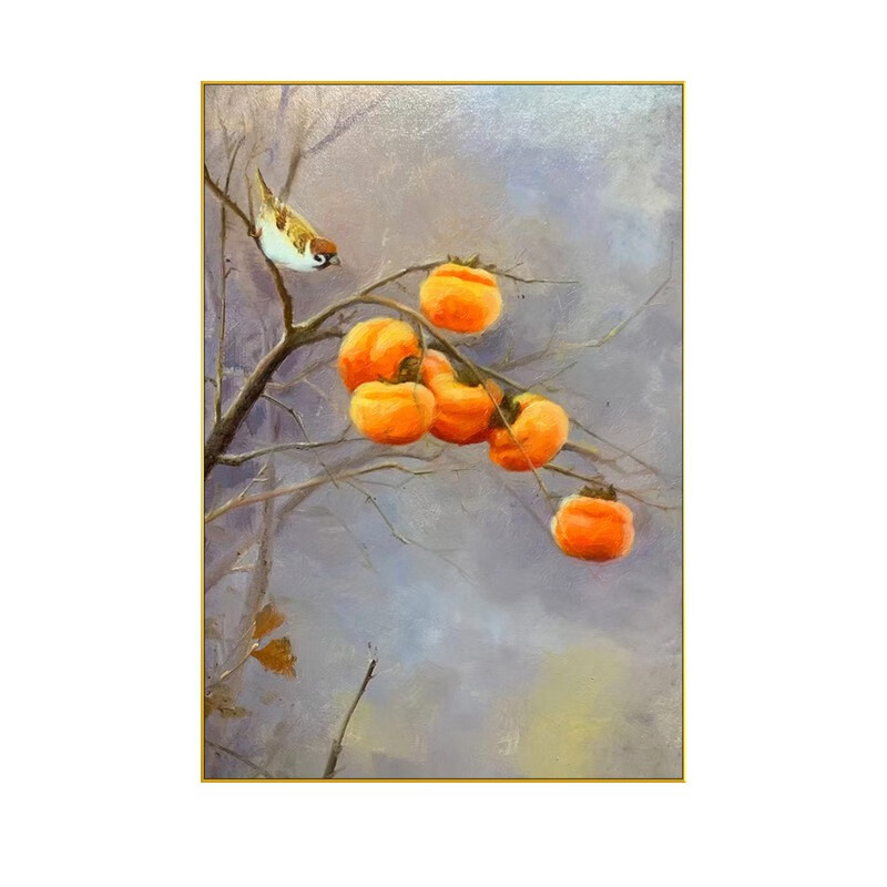 艺幻 纯手绘油画新中式事事柿子如意客厅背景墙装饰画餐厅玄 纯手绘