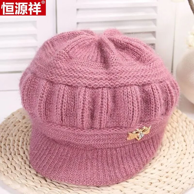 加绒加厚妈妈帽子秋冬季保暖护耳针织帽户外防寒骑行毛线帽 皮粉色 50