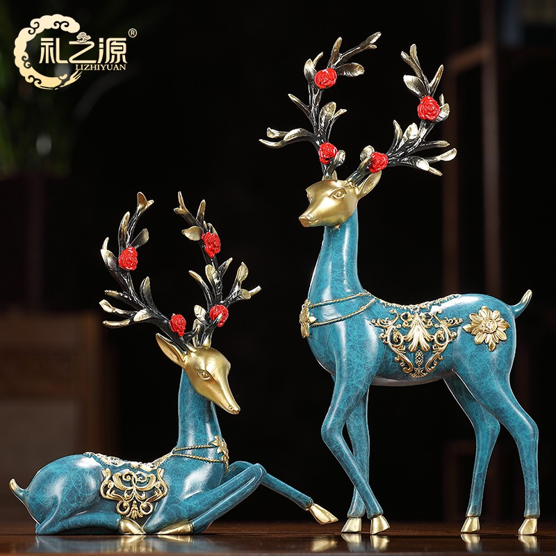 铜蓝彩色路路亨通梅花鹿一对