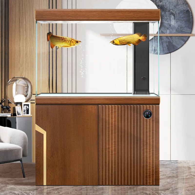 汉霸 超白玻璃鱼缸客厅家用生态底滤金鱼缸智能水族箱 柚木色 靠墙80cm长X36cmX146cm高（智能控制）