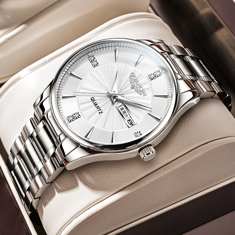 冠琴（GUANQIN）手表男士全自动机械表瑞士品质防水夜光精钢双日历学生多功能腕表 钢带本色白面（SY款）