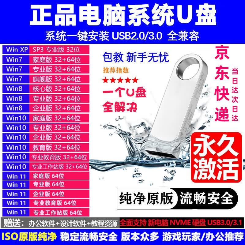 安乐丽华系统U盘电脑重装优盘win11专业版10家庭7旗舰纯净pe自动永久激活 64GB 纯净版7+10+11+在线软件