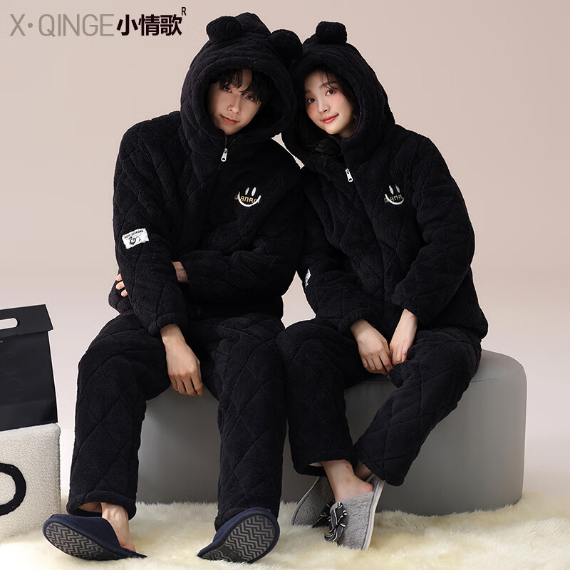 小情歌2024冬三層加厚夾棉情侶睡衣女冬季珊瑚絨男士套裝連帽家居服外穿 MC1202B女裝-MC1202A男裝(單套) L 女/身高160-165 體重100-120