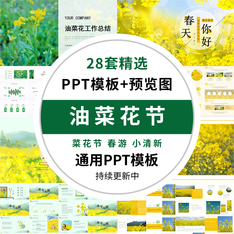 春天乡村旅游油菜花田风景ppt模板田园风春天小学生春游教育课件