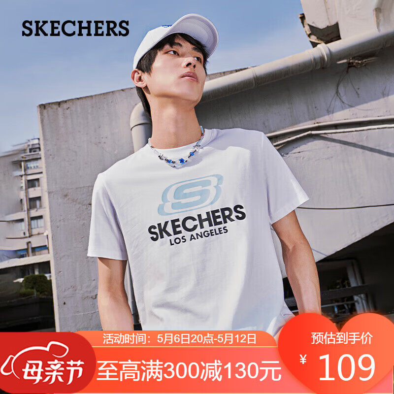 斯凯奇（Skechers）夏男女情侣同款经典印花透气运动T恤宽松休闲针织短袖L122U199