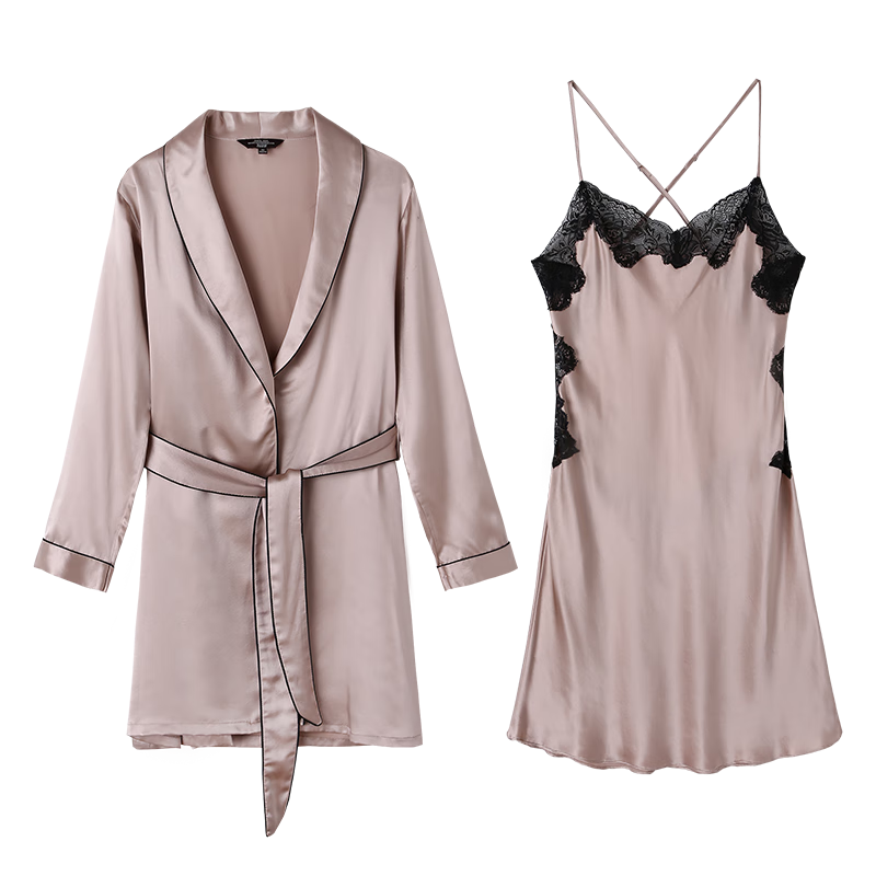 狄蘭絲(dilansi)真絲睡衣女士秋紅色結(jié)婚晨袍性感蕾絲吊帶睡裙套裝100%桑蠶絲兩件 淺駝(睡裙+睡袍) M (19姆米重磅真絲)