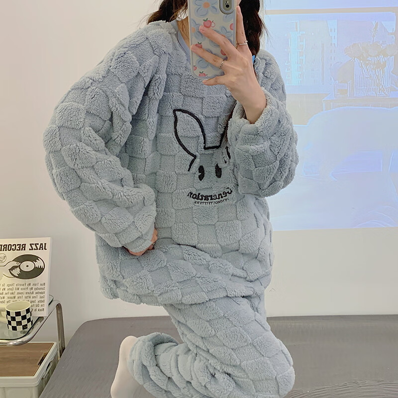 猫人少女感睡衣秋冬加绒加厚中华绒套头款可外穿家居服套装 QRQM-7818 M