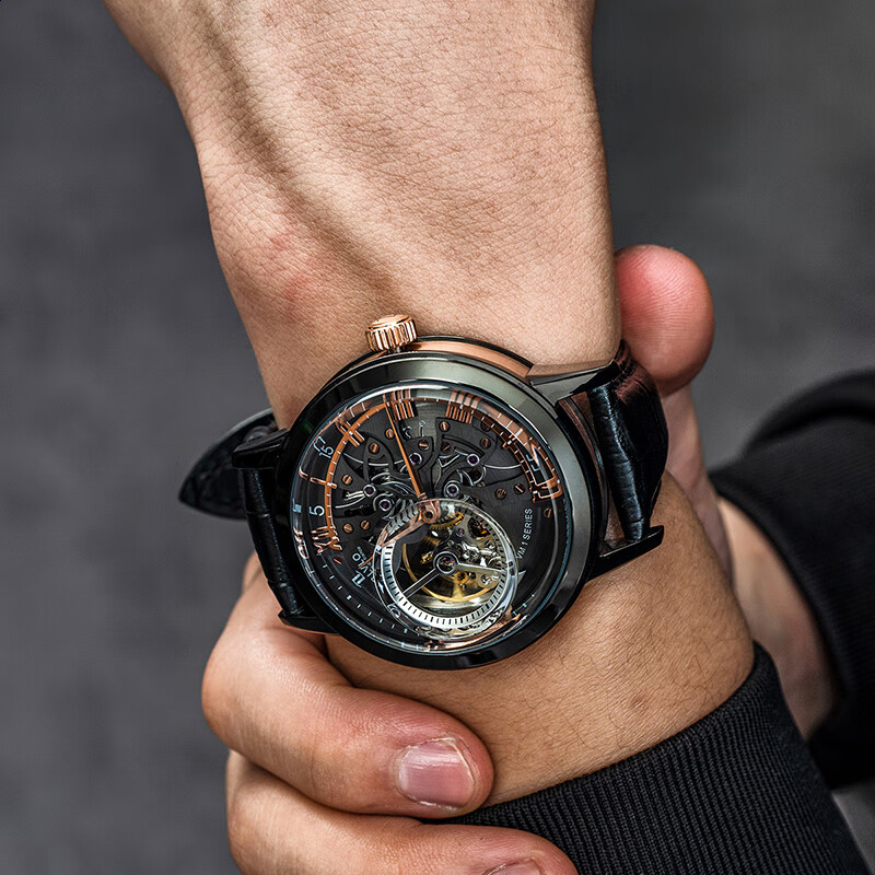 欧宝罗（OBLVLO）法国OBL全自动镂空机械表男十大品牌镂空手表运动复古男士 黑壳黑金面黑带