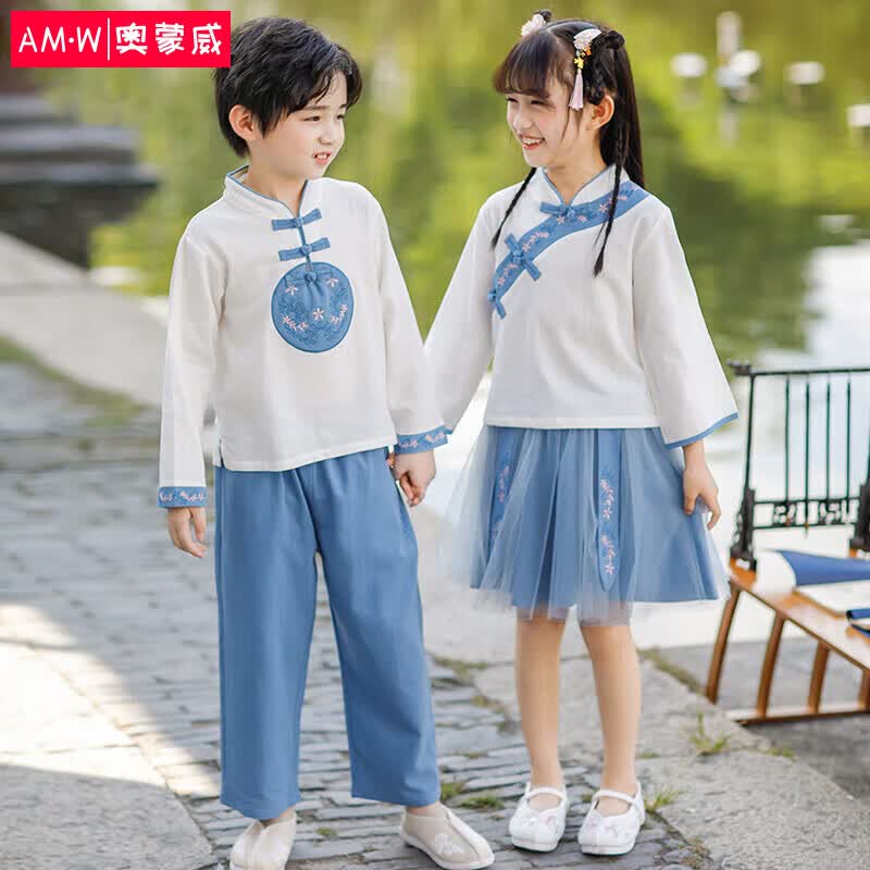 奥蒙威男童汉服春秋国学服两件套中国风小学书童演出服STF98青蓝色120使用感如何?