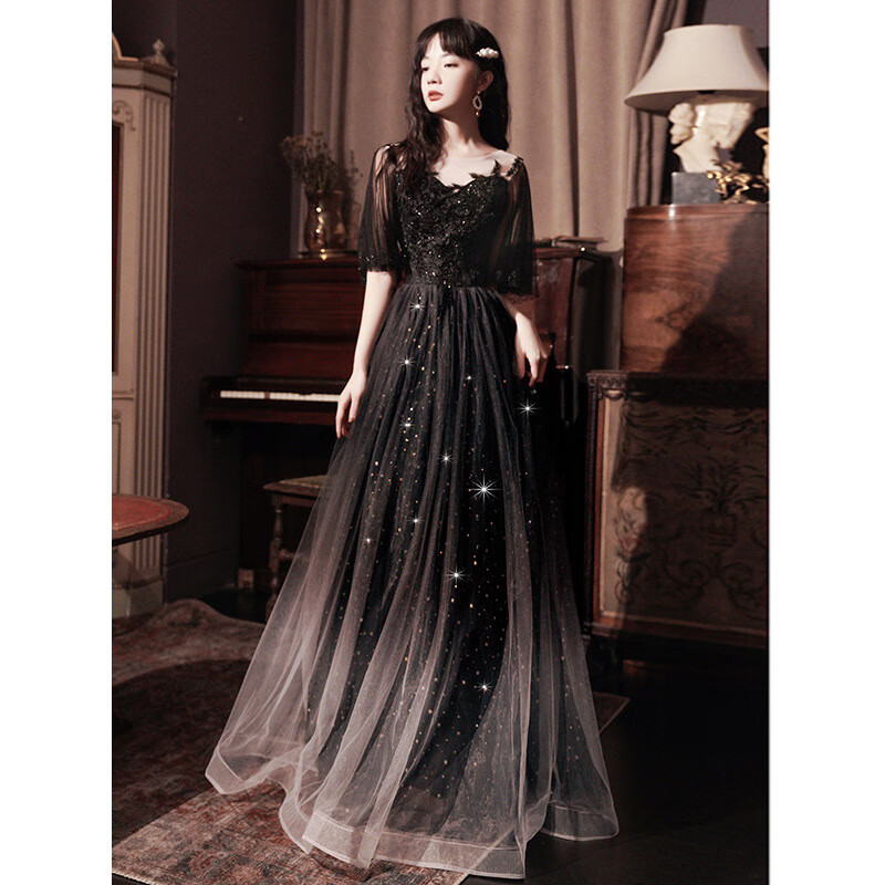 空眸黑色晚礼服裙女宴会气质艺考声乐仙气演出服学生主持人年会晚礼服