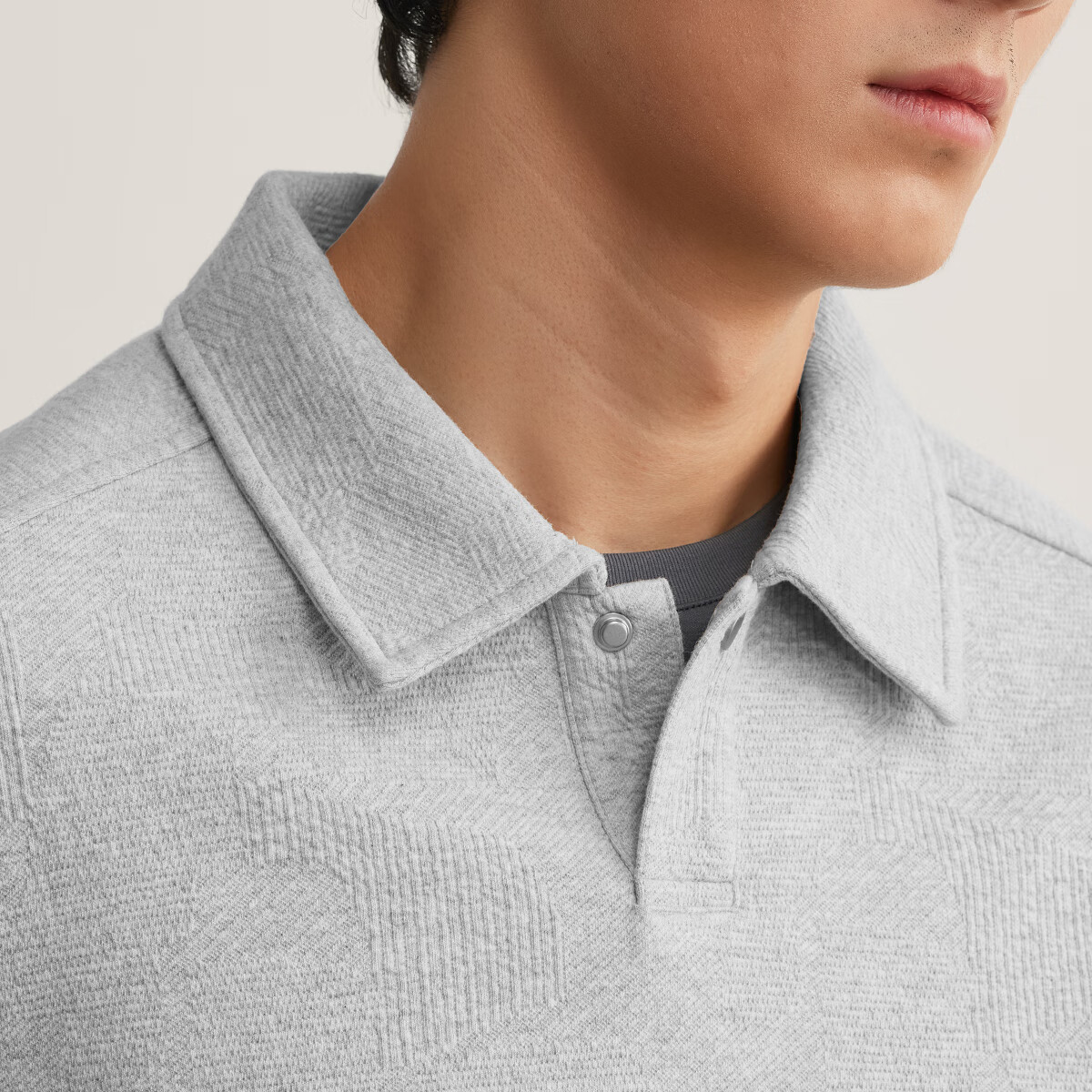 MARKLESS提花面料Polo领卫衣男士一粒扣套头休闲宽松翻领上衣5404 花灰色 XL