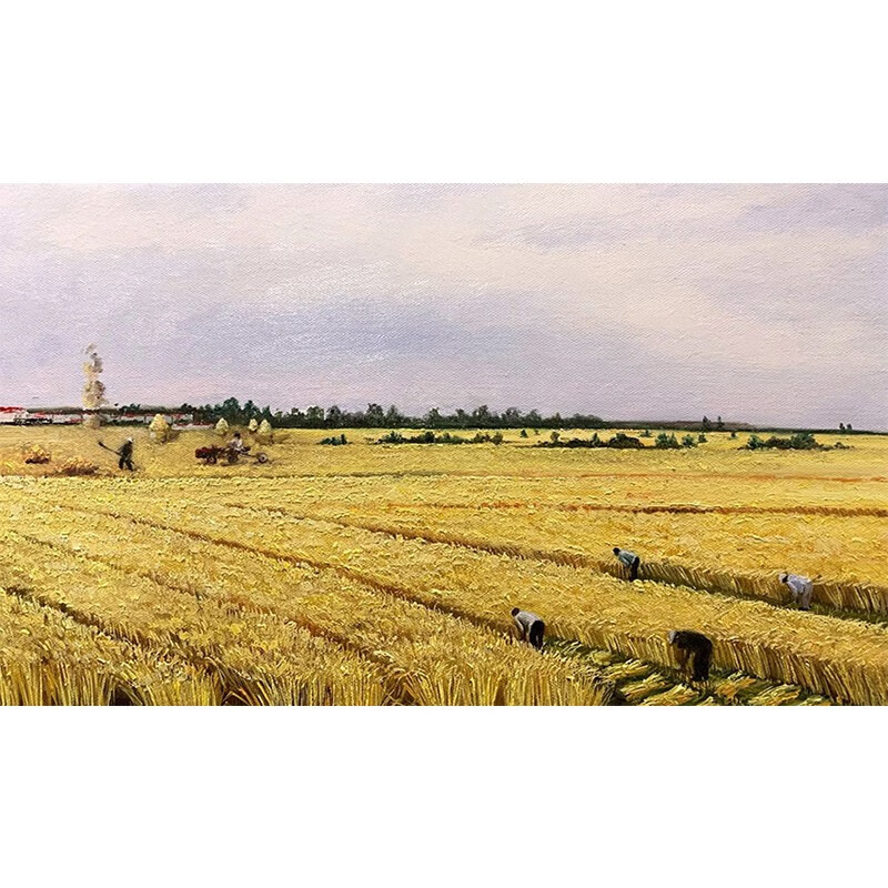 艺幻秋收麦田风景手绘油画金色丰收稻田大麦装饰画客厅挂画玄关肌理画