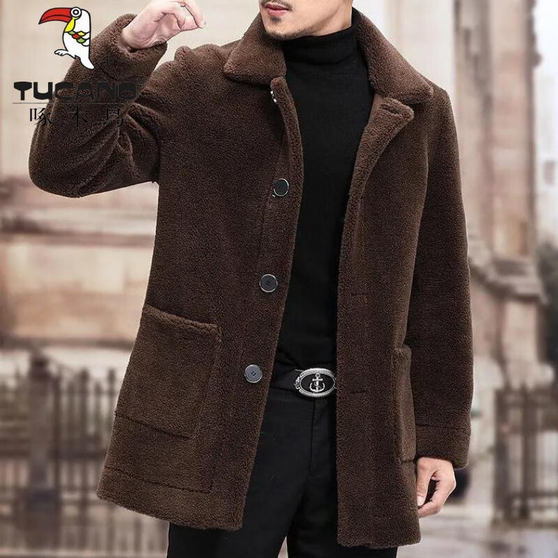 啄木鸟（TUCANO）外套男士2024男秋冬季新款仿羊羔绒立领潮流加绒加厚男装冬装夹克 GG07#咖啡色 XL【131-150斤】